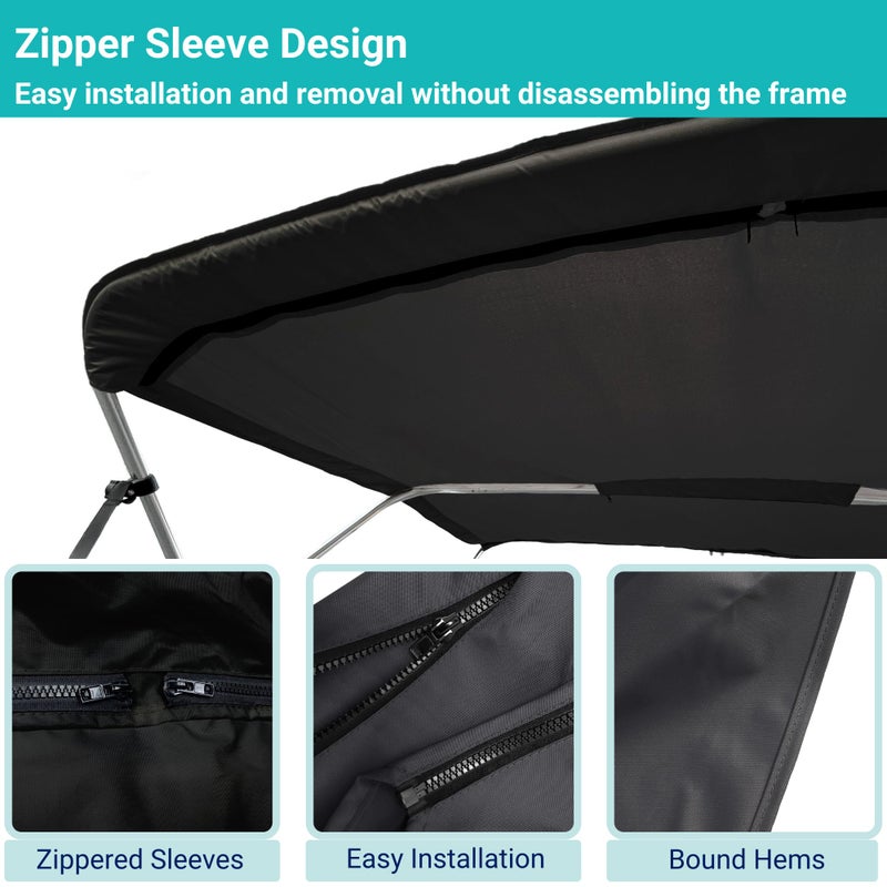 Savvycraft 4 Bow Bimini Top Replacement Cover, Durable Marine Grade Canvas Boat Canopy, Easy Install Zipper Sleeves, 4 Bow 96" L 85"-90" W Black Color - Image 3